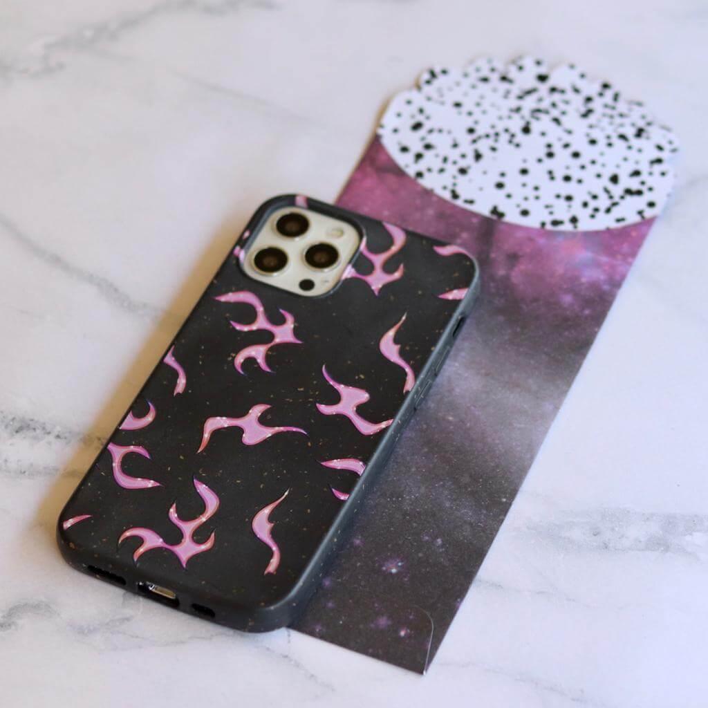 Pink Neon Flames - Black Printed Eco-Friendly Compostable Mobile Phone Case - Minca Cases
